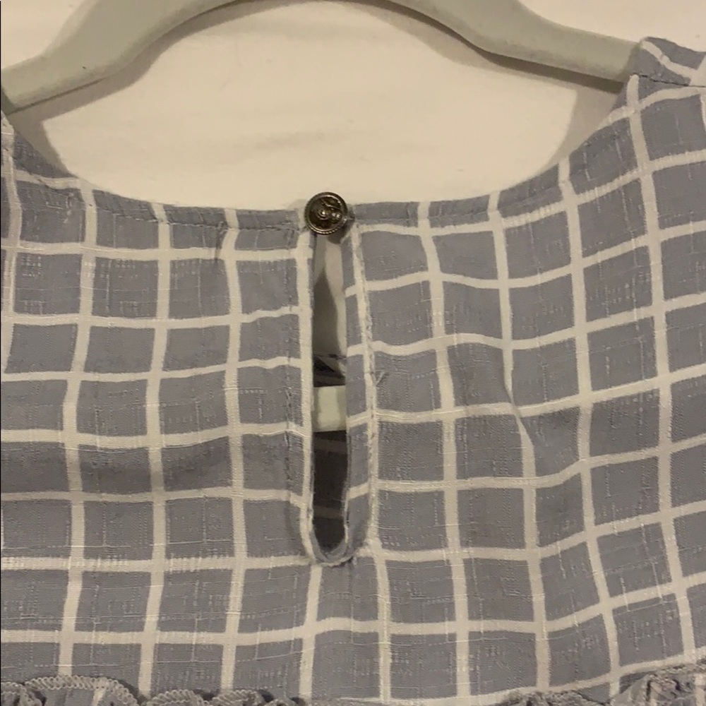 Blue and White Square Pattern Ruffle Blouse - Picture 3 of 4